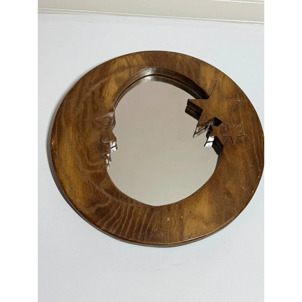 VTG Celestial Moon and Stars Round Wood Wall‎ Mirror Boho Whimsical 12